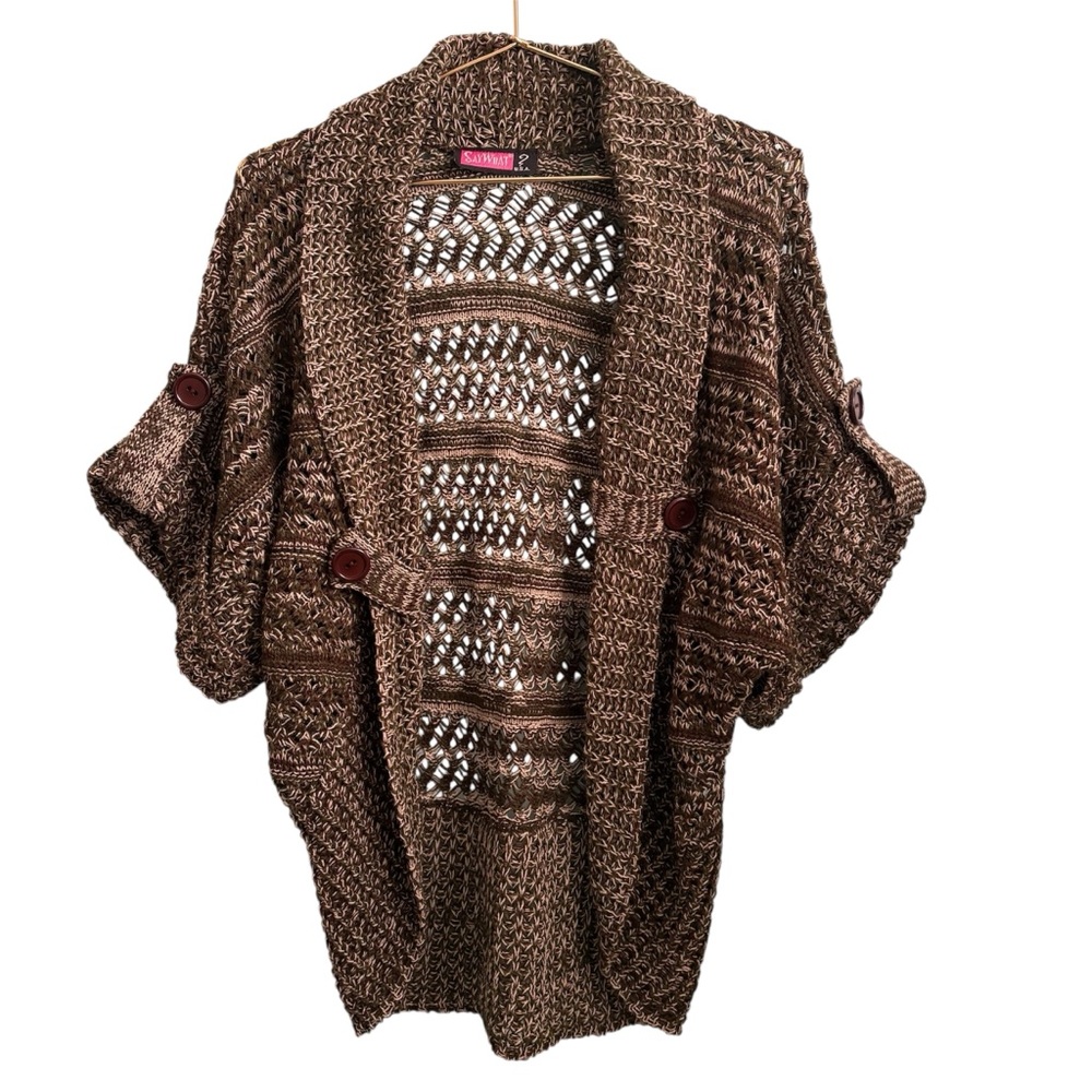 5for20 Say What? Green and Brown Knit Short Sleeve Flowy Bolero Cardigan